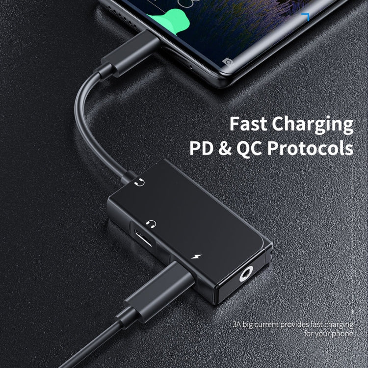 Rock CA05 3 in 1 Type C / USB-C Charging Audio Adapter Cable Length: 18cm (Black)