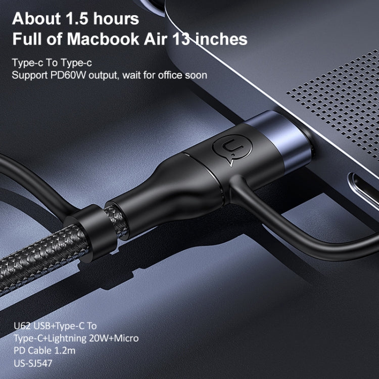 USAMS S-SJ547 U62 USB + Type-C / USB-C TOTYPE-C / USB-C + 8 BROCHES + Micro Alliage d'Aluminium PD Câble de Charge Rapide Longueur : 1,2 m (Vert)