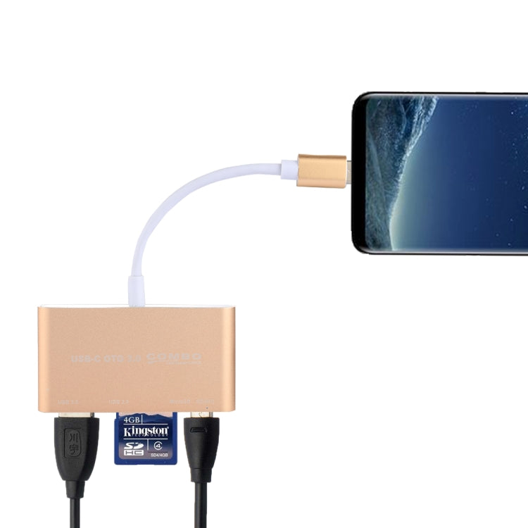 5 en 1 Micro SD + SD + USB 3.0 + USB 2.0 + Port Micro USB vers USB-C / Type-C Adaptateur de lecteur de carte OTG COMBO pour tablette Smartphone PC (doré)