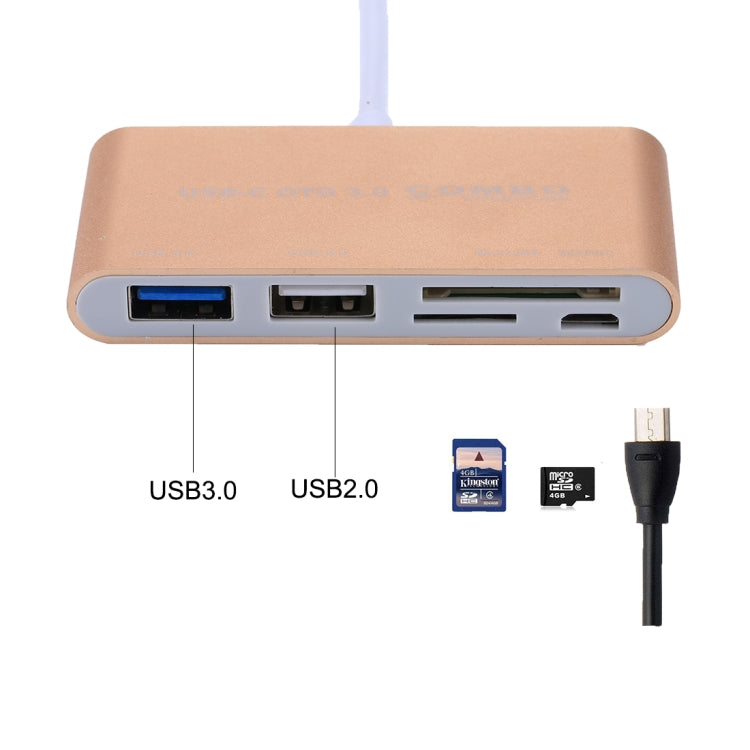 5 in 1 Micro SD + SD + USB 3.0 + USB 2.0 + Micro USB Port to USB-C / Type-C OTG COMBO Card Reader Adapter For Tablet Smartphone PC (Golden)