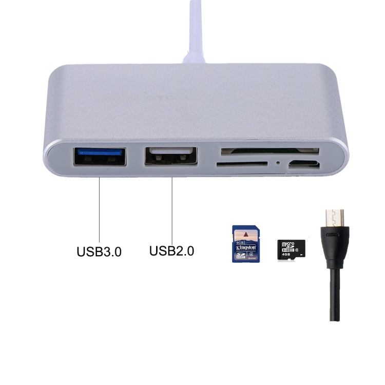 5 en 1 Micro SD + SD + USB 3.0 + USB 2.0 + Port Micro USB vers USB-C / Type-C OTG COMBO Adaptateur Lecteur de Carte pour Tablette Smartphone PC (Argent)
