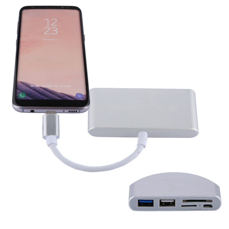 5 in 1 Micro SD + SD + USB 3.0 + USB 2.0 + Micro USB Port to USB-C / Type-C OTG COMBO Card Reader Adapter for Tablet Smartphone PC (Silver)