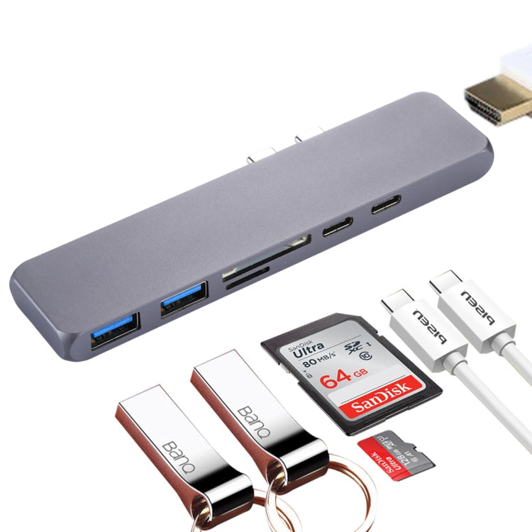 Adaptateur HUB multifonction en alliage d'aluminium double USB-C / Type-C avec HDMI femelle et 2 ports USB 3.0 et 2 ports USB-C / Type-C et emplacement pour carte SD et emplacement pour carte TF