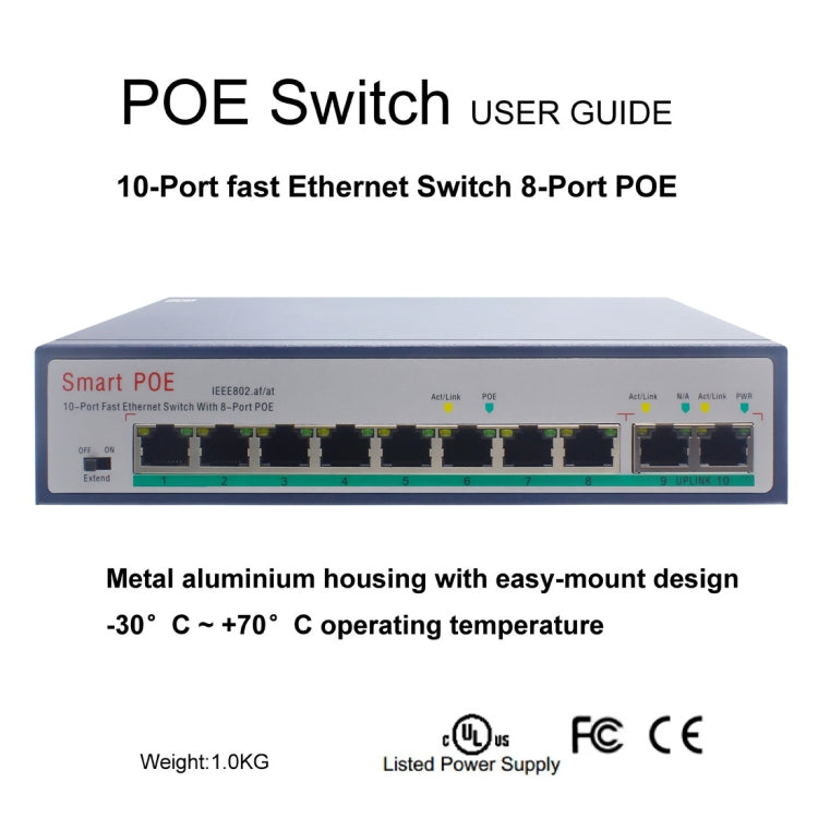ESCAM POE 8+2 Commutateur Fast Ethernet 10 ports Commutateur réseau POE 8 ports 10/100M 120W Distance de transmission : 150m (Noir)