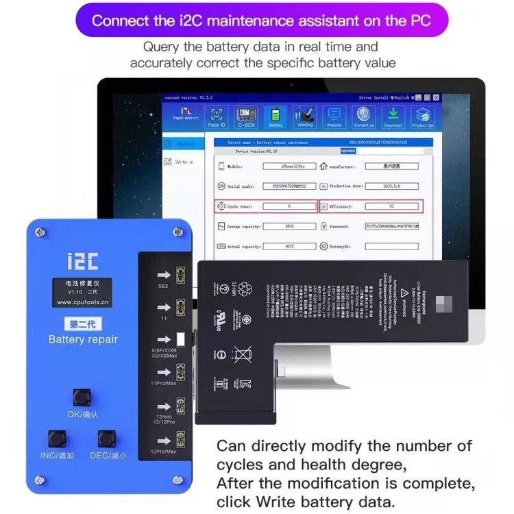 Vérificateur de données de batterie BR-11i I2C avec câble flexible pour iPhone