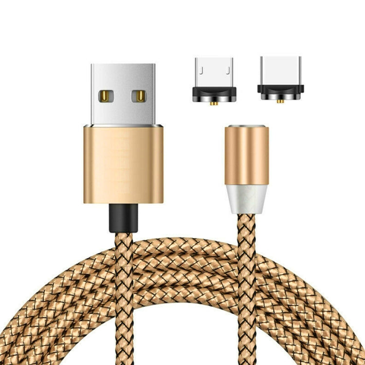 2 en 1 USB vers Micro USB + USB-C / Type-C Connecteur métallique magnétique Câble de données magnétique tressé en nylon bicolore Longueur du câble : 1 m (Or)