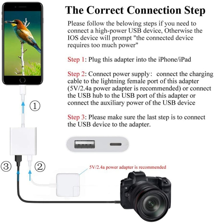 ZS-KL21806 2 in 1 8 pin to USB 3.0 + USB Camera Read OTG Adapter compatible with iOS 13 and above system