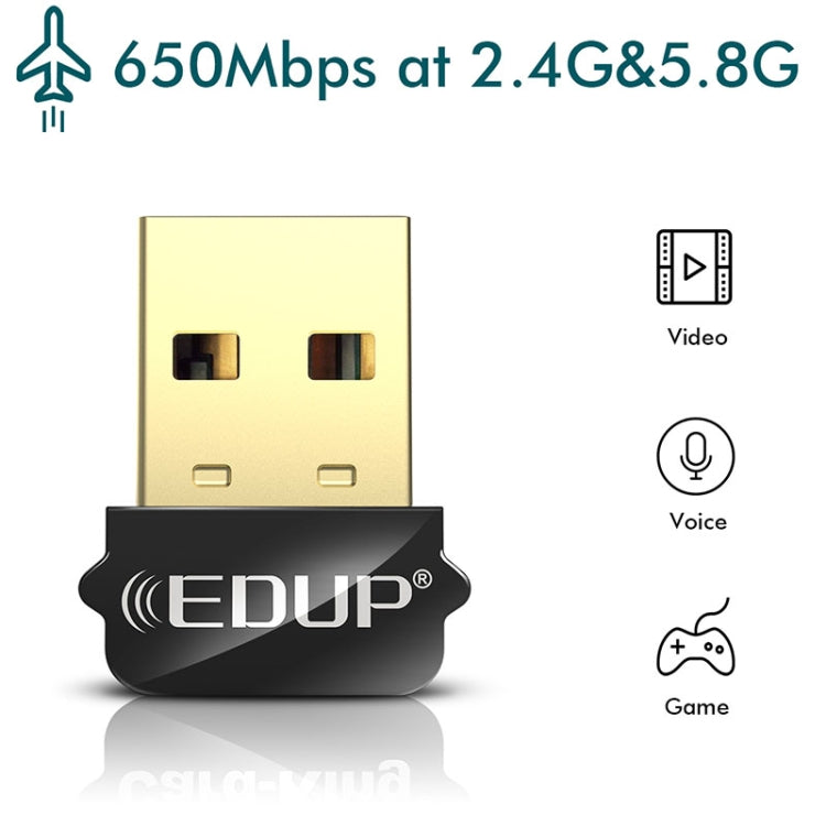 EDUP EP-AC1651 Adaptateur WIFI USB 650Mbps Double Bande 5G / 2.4GHz Carte Réseau Sans Fil Externe Wifi Dongle Récepteur