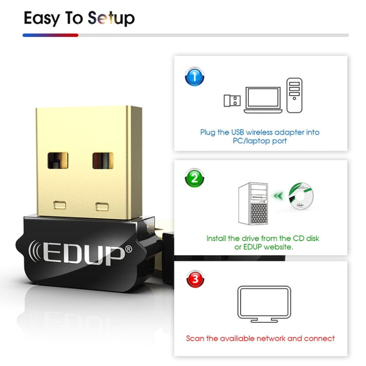 EDUP EP-AC1651 Adaptador WIFI USB 650Mbps Dual Band 5G / 2.4GHz Tarjeta de red Inalámbrica externa Receptor de Dongle Wifi