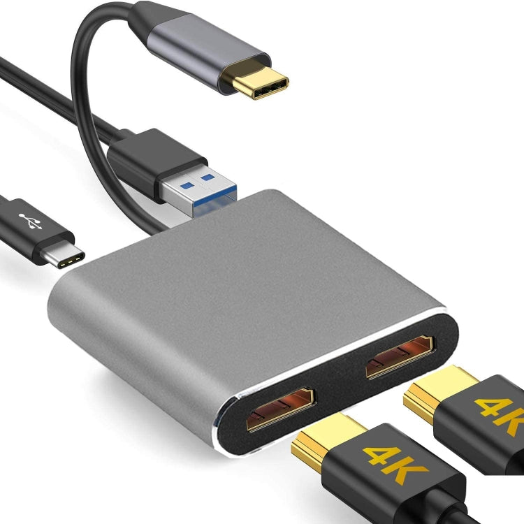 ZS-SG4T1HD2 4 en 1 Tipo C a HDMI Dual + Puerto USB 3.0 + Puerto de Carga PD Tipo C Adaptador de Base HD multifuncional (Gris)