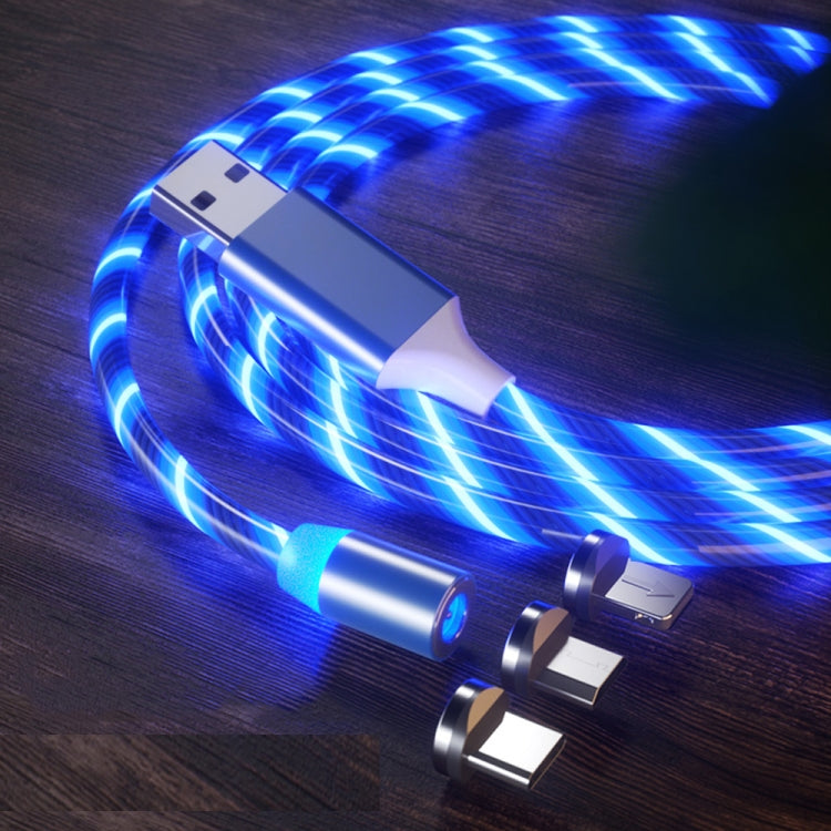 3 en 1 USB a 8 PIN + Tipo-C / USB-C + Micro USB Absorción Magnética Magnético Cable de Carga longitud: 2m (luz Azul)
