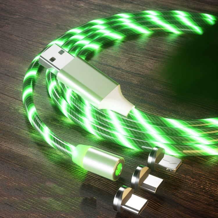 3 en 1 USB a 8 PIN + Tipo-C / USB-C + Micro USB Absorción Magnética Magnético Cable de Carga longitud: 2m (luz verde)