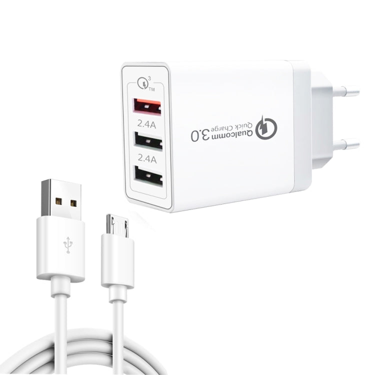SDC-30W 2 in 1 USB to Micro USB Data Cable + 30W QC 3.0 USB + 2.4A Dual USB 2.0 Ports Mobile Phone Tablet PC Universal Fast Charger Travel Charger Set EU Plug