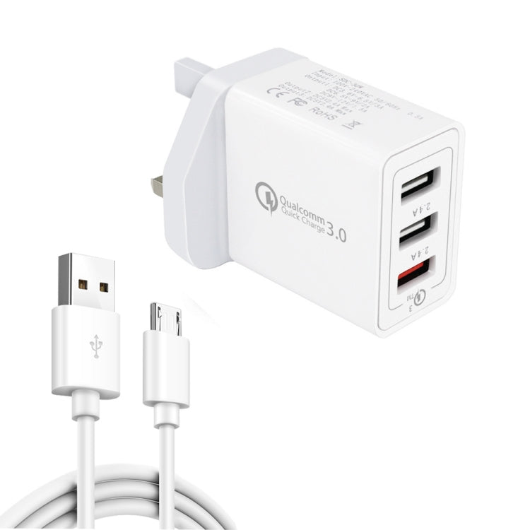 SDC-30W 2 in 1 USB to Micro USB Data Cable + 30W QC 3.0 USB + 2.4A Dual USB 2.0 Ports Mobile Phone Tablet PC Universal Fast Charger Travel Charger Set UK Plug