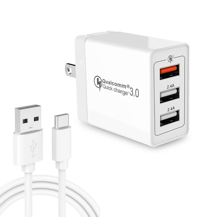 SDC-30W 2 in 1 USB to USB-C / Type C Data Cable + 30W QC 3.0 USB + 2.4A Dual USB 2.0 Ports Mobile Phone Tablet PC Universal Fast Charger Travel Charger US Plug