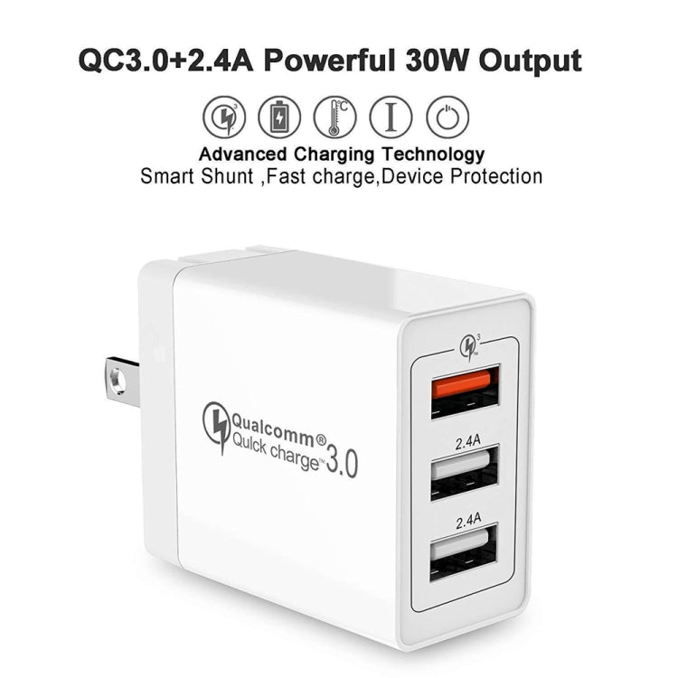 SDC-30W 2 in 1 USB to USB-C / Type C Data Cable + 30W QC 3.0 USB + 2.4A Dual USB 2.0 Ports Mobile Phone Tablet PC Universal Fast Charger Travel Charger US Plug
