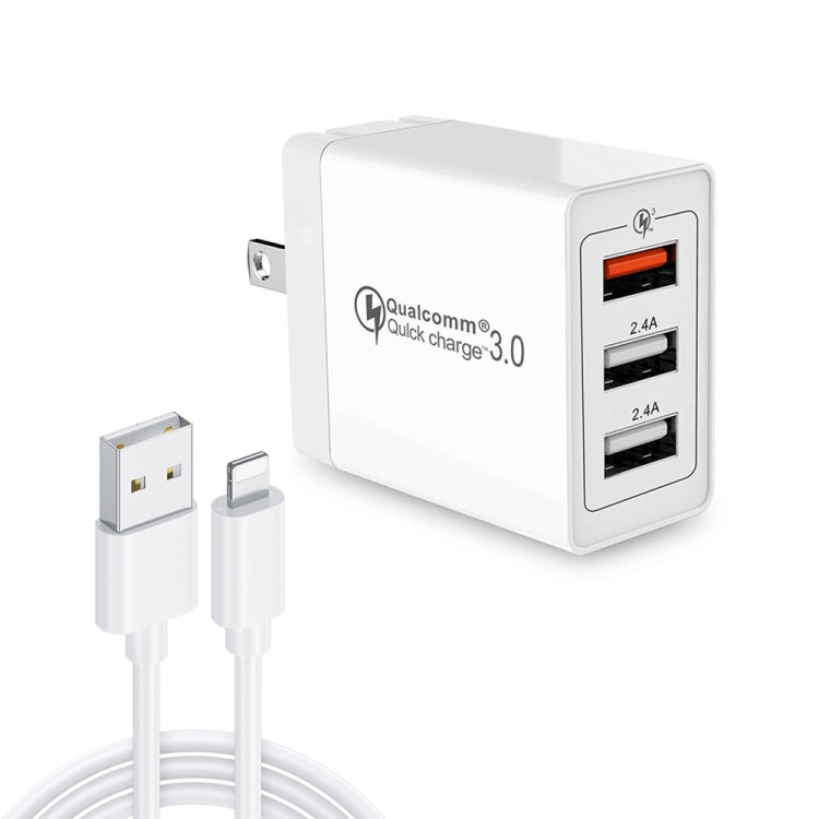 SDC-30W 2 in 1 USB to 8 Pin Data Cable + 30W QC 3.0 USB + 2.4A Dual USB 2.0 Ports Mobile Phone Tablet PC Universal Fast Charger Travel Charger Set US Plug