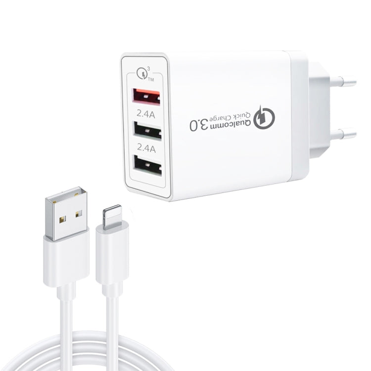 SDC-30W Câble de données USB à 8 broches 2 en 1 + 30W QC 3.0 USB + 2.4A Double USB 2.0 Ports Téléphone portable Tablet PC Chargeur rapide universel Chargeur de voyage Set EU Plug