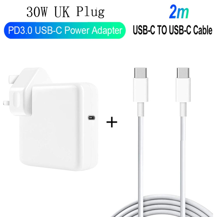 2 en 1 PD 30W USB-C / Type-C + 3A PD 3.0 USB-C / Type-C a USB-C / Type-C Juego de Cables de Datos de Carga Rápida Longitud del Cable: 2 m Enchufe del Reino Unido