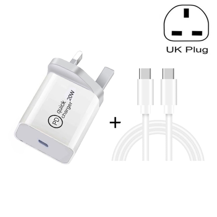SDC-20W Chargeur de voyage 2 en 1 PD 20W USB-C / Type-C + 3A PD 3.0 USB-C / Type-C vers USB-C / Type-C Jeu de câbles de données à charge rapide Longueur du câble : 1 m Prise britannique