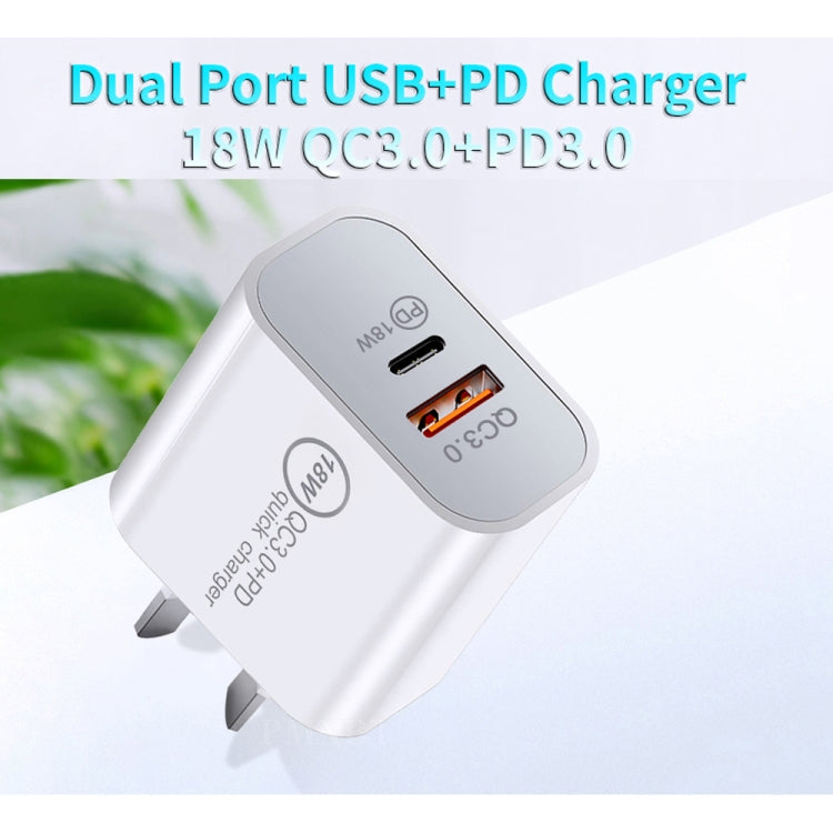 SDC-18W 18W PD 3.0 Type-C / USB-C + QC 3.0 USB Fast Charging Universal Travel Charger with USB to 8 PIN Fast Charging Cable AU PLUG