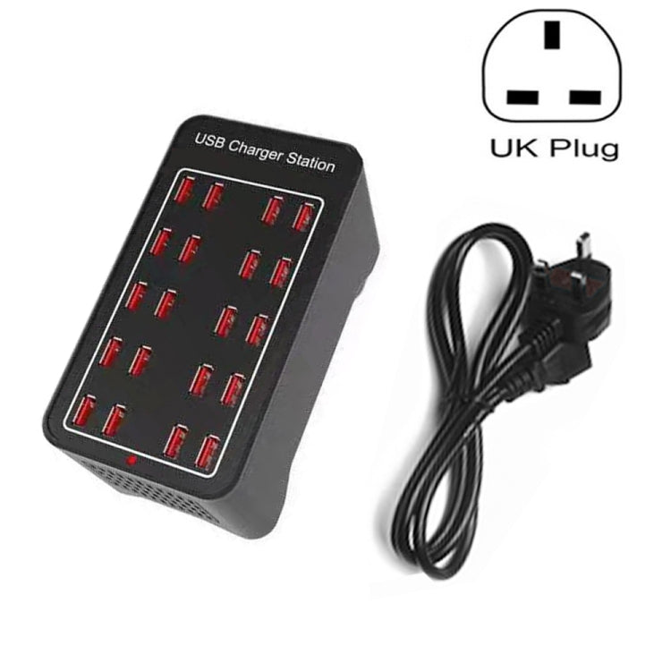 100W 20 Puertos USB Estación de Cargador Rápida Cargador Inteligente CA 100-240V Tamaño del Enchufe: Enchufe del Reino Unido