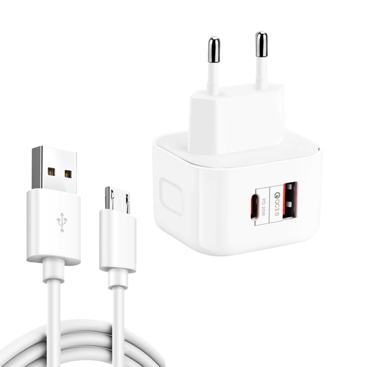 YSY-6087PD 20W PD3.0 + QC3.0 Dual Quick Charge Travel Charger with USB to Micro USB Data Cable Plug Size: EU Plug