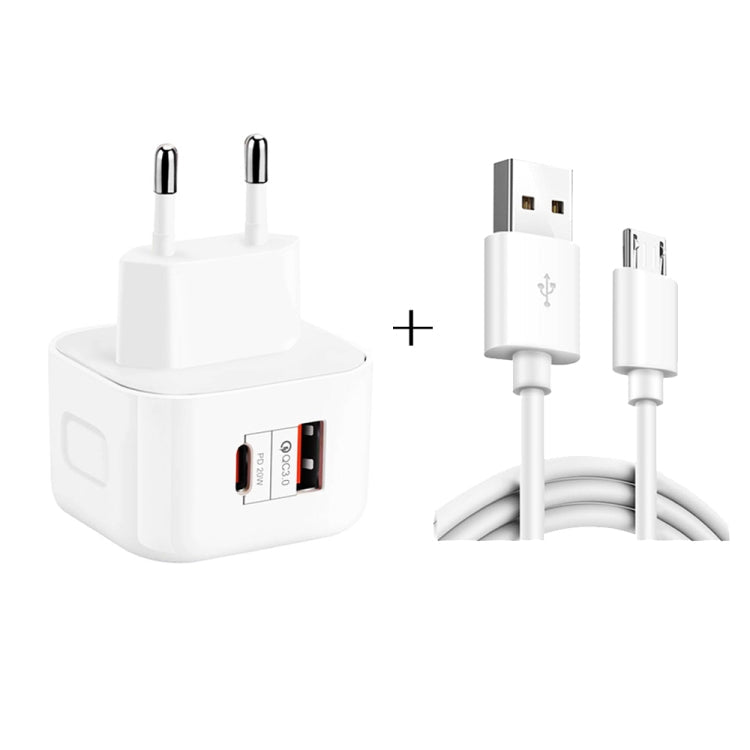 YSY-6087PD 20W PD3.0 + QC3.0 Dual Quick Charge Travel Charger with USB to Micro USB Data Cable Plug Size: EU Plug