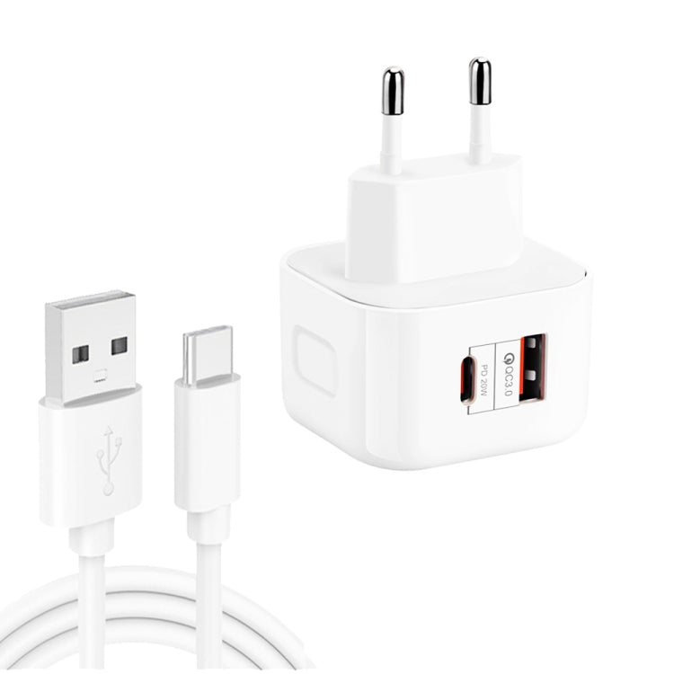 YSY-6087PD 20W PD3.0 + QC3.0 Dual Quick Charge Travel Charger with USB to Type-C Data Cable Plug Size: EU Plug