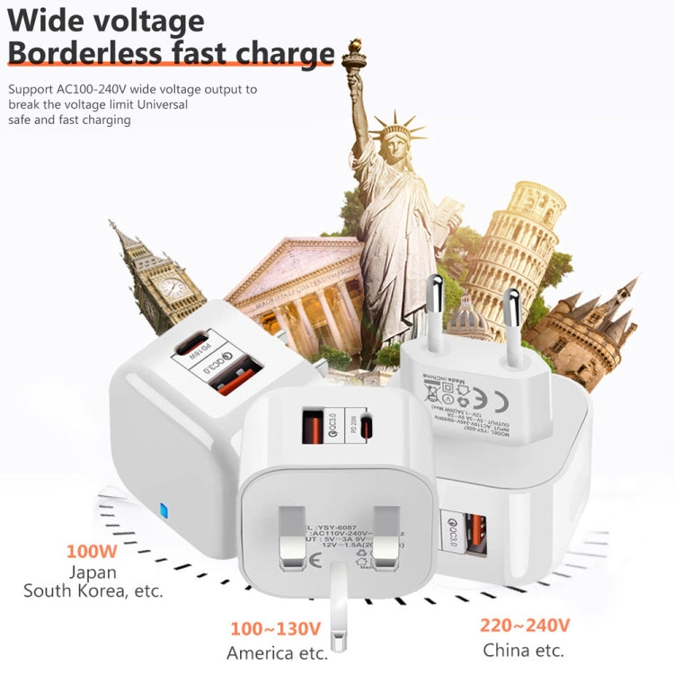 YSY-6087PD 20W PD3.0 + QC3.0 Dual Fast Charging Travel Charger with Type-C to Type-C Data Cable EU Tap