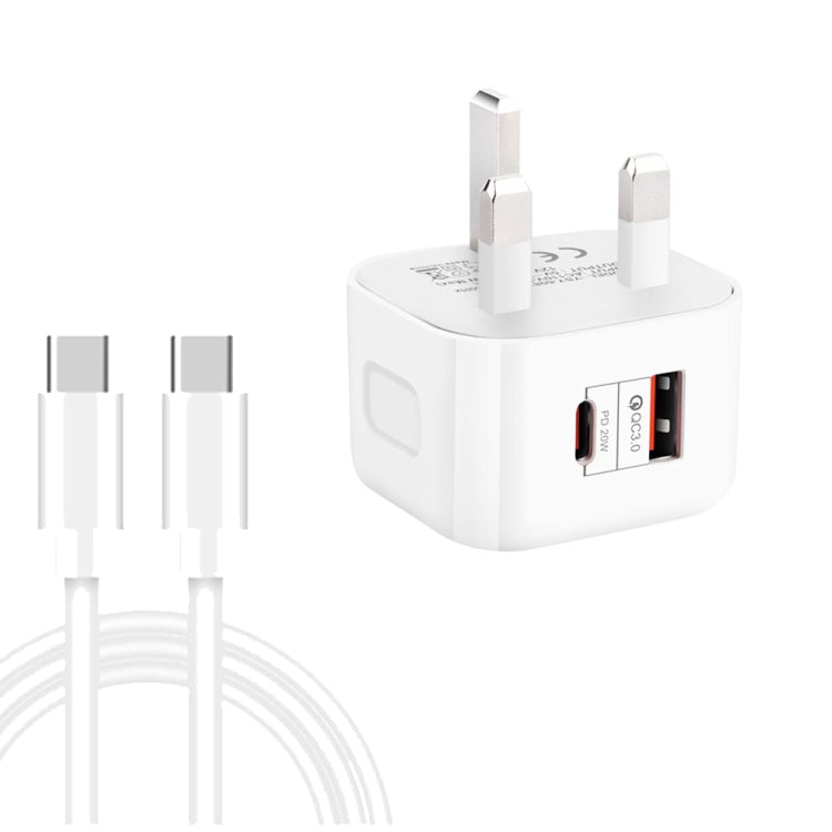 YSY-6087PD 20W PD3.0 + QC3.0 Dual Fast Charging Travel Charger with Type-C to Type-C Data Cable UK PLUG
