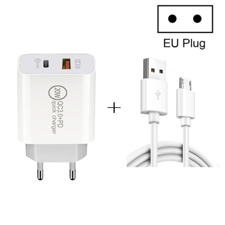 20W PD Type-C + QC 3.0 Chargeur de voyage à charge rapide avec câble de charge rapide USB vers micro USB Câble de données EU Tap