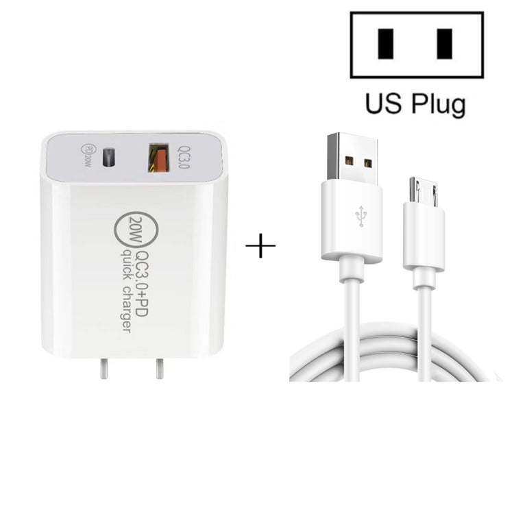 20W PD type-c + QC 3.0 Interface USB chargeur de voyage à charge rapide avec USB vers Micro USB charge rapide câble de données à utiliser aux états-unis