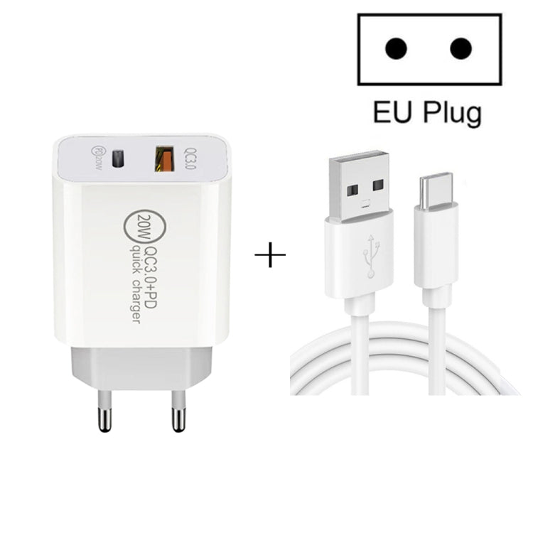 20W PD Type-C + QC 3.0 Interface USB Chargeur de Voyage à Charge Rapide avec USB vers Type-C Câble de Charge Rapide Cordon EU Plug