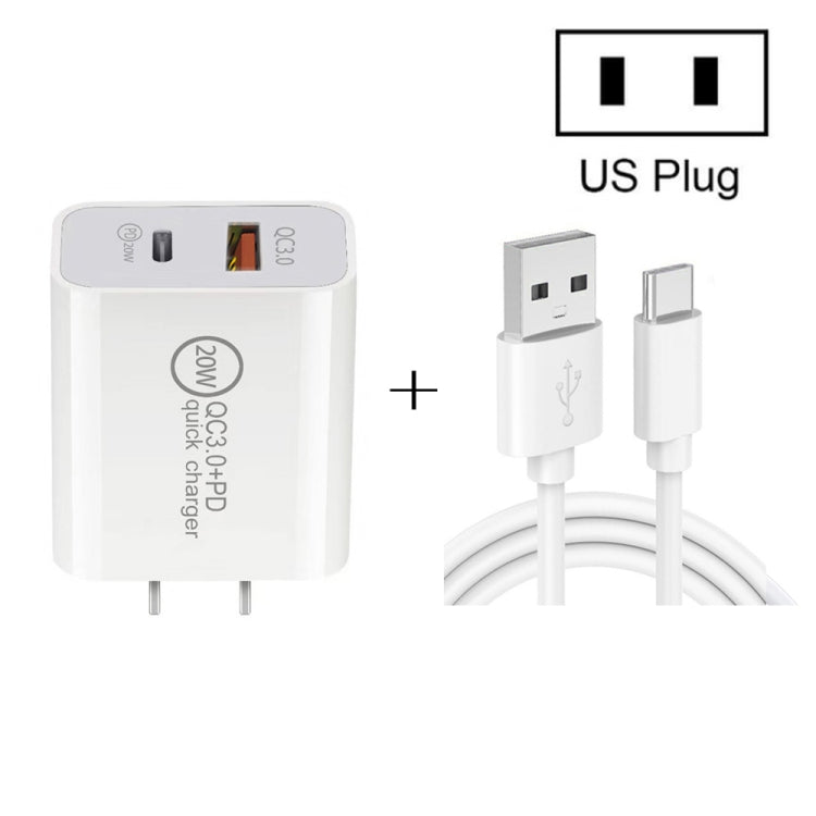 20W PD Type-C + QC 3.0 USB Interface Quick Charge Travel Charger with USB to Type-C FAST CHARGE US USE Data Cable
