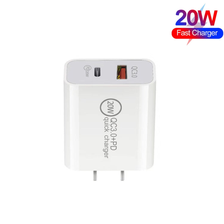 20W PD Type-C + QC 3.0 USB Interface Quick Charge Travel Charger with USB to Type-C FAST CHARGE US USE Data Cable