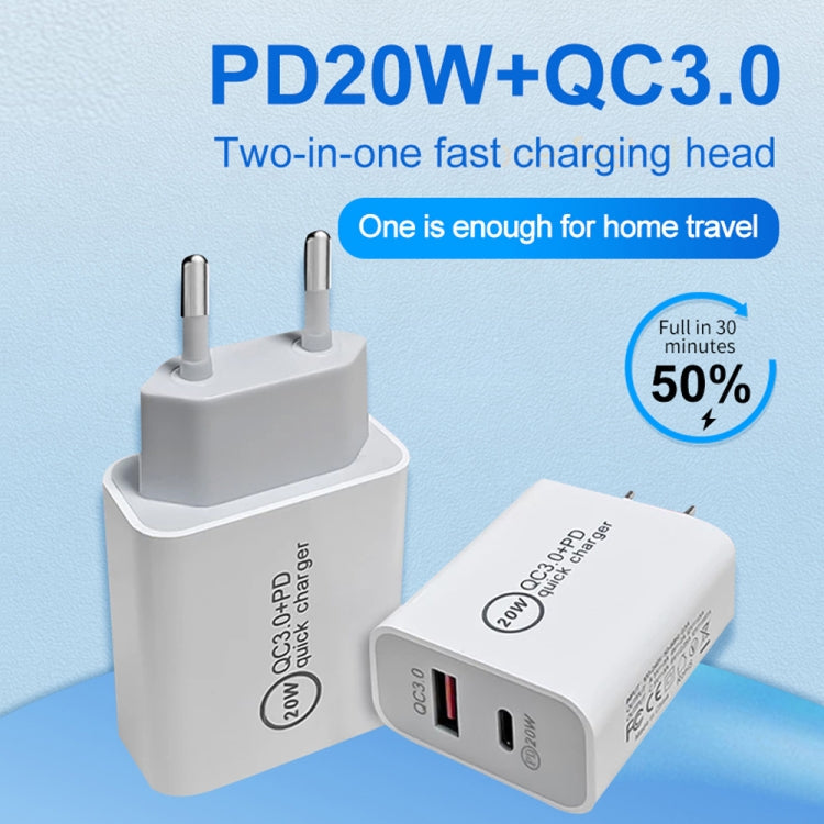 TCS-20WACA 20W PD Type-C + QC 3.0 USB Interface Fast Charging Travel Charger with USB to Type-C Fast Charging Data Cable