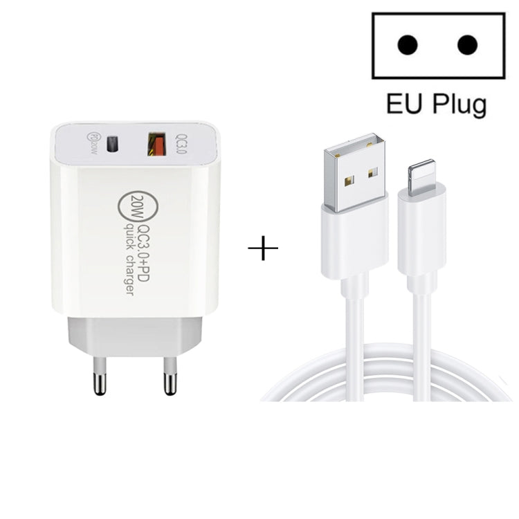 20W PD Type-C + QC 3.0 Interface USB Chargeur de voyage à charge rapide avec câble de charge rapide USB à 8 broches Câble de données Prise UE