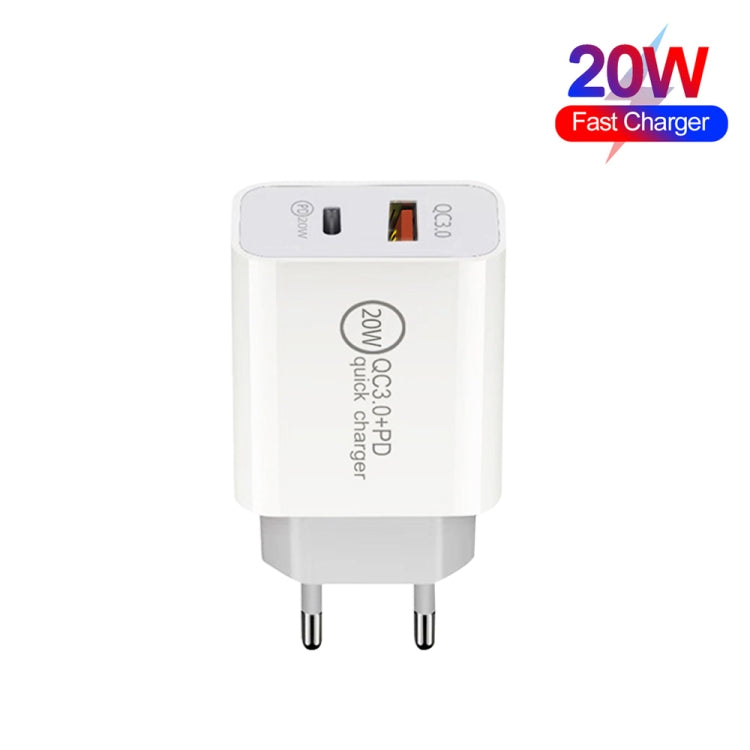 20W PD Type-C + QC 3.0 USB Interface Quick Charge Travel Charger with USB to 8 PIN Fast Charging Cable Data Cable EU Plug