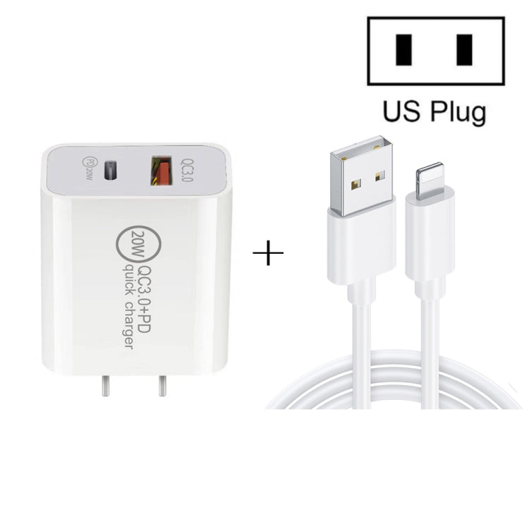 20W PD Type-C + QC 3.0 Fast Charging Travel Charger with USB to 8 PIN Fast Charging US Data Cable