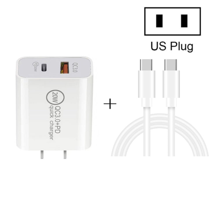 20W PD Type-C + QC 3.0 Quick Charge Travel Charger with USB-C / TYPE-C TO Type-C FAST Charging Data Cable CAPONOS US