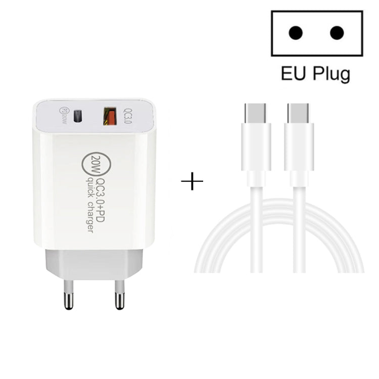 Chargeur de voyage à charge rapide 20W PD Type-C + QC 3.0 avec câble de charge rapide USB-C / TYPE-C TO Type-C Câble de données EU Tap