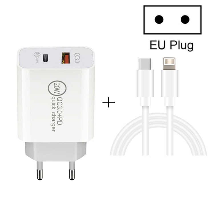 Chargeur de voyage à charge rapide 20W PD type-c + QC 3.0, avec USB-C/Type AC 8 broches, couche de données de charge rapide, prise ue