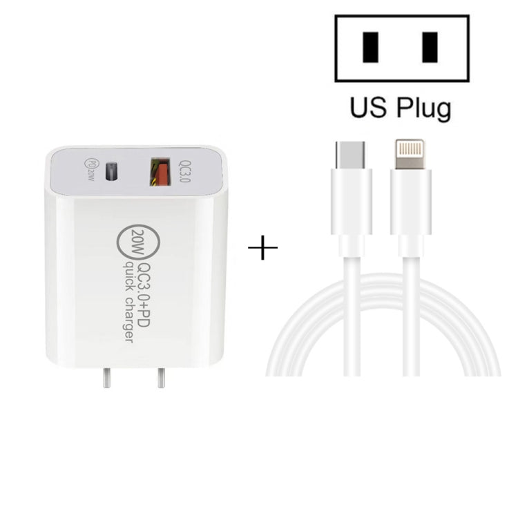 20W PD Type-C + QC 3.0 Fast Charging Travel Charger with USB-C/Type AC 8 PIN Fast Charging Data Plugs Plugs