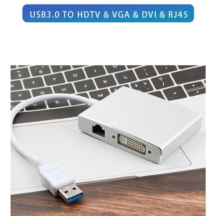 WS-03 4 en 1 USB 3.0 a VGA + HDMI + DVI + RJ45 Tarjeta de red Ethernet convertidor