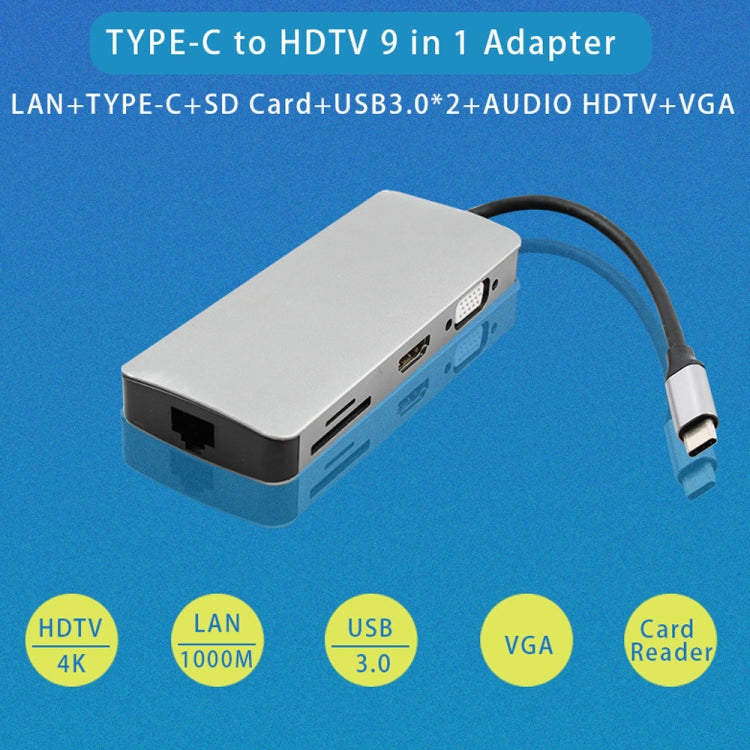 WS-06 9 en 1 tipo C a RJ45 + VGA + PD + HDMI + SD + TF + Audio 3.5 mm + 2 x Adaptador de cubo USB3.0