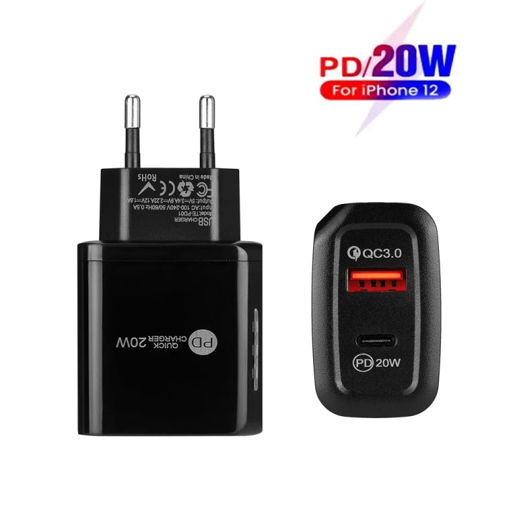TE-PD01 PD 20W + QC3.0 USB Dual PORTS Cargador Rápido con luz indicadora Enchufe de la UE (Negro)