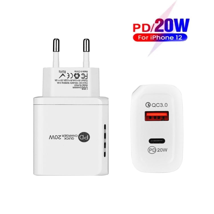 TE-PD01 PD 20W + QC3.0 USB Dual PORTS Chargeur rapide avec voyant lumineux EU Plug (Blanc)
