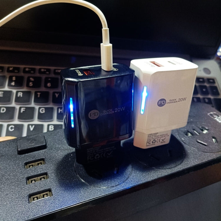 TE-PD01 PD 20W + QC3.0 USB Dual PORTS Cargador Rápido con luz indicadora Enchufe de la UE (Blanco)