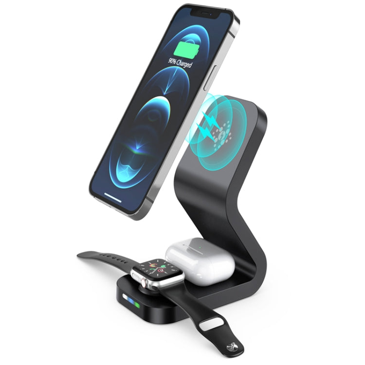 B-13 15W max 3 in 1 Magnetic Wireless Charger for Apple Airpods Mobile Phones and Watches (Black)